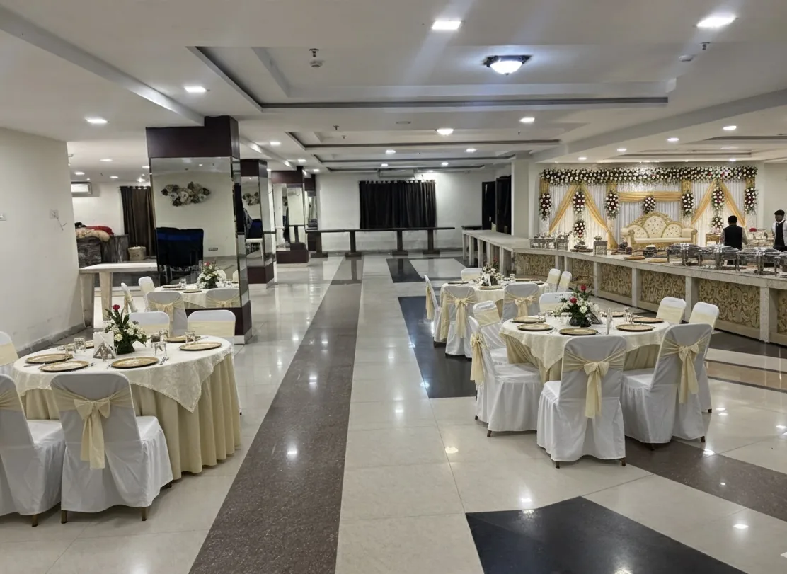 Banquet hall set for a reception at Hotel Shubham, Rourkela